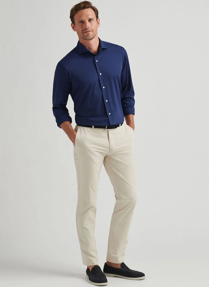 Peter Millar Mens Tailored Fit Excursionist Flex Solid Sport Shirt - Navy