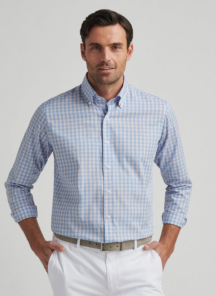 Peter Millar Mens Tailored Fit Portofino Cotton Sport Shirt - Fountain Blue