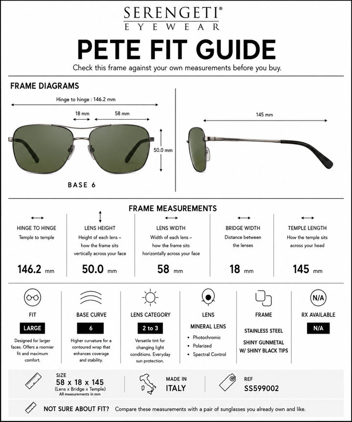 Serengeti PETE Polarized Driver Sunglasses - SHINY GUNMETAL