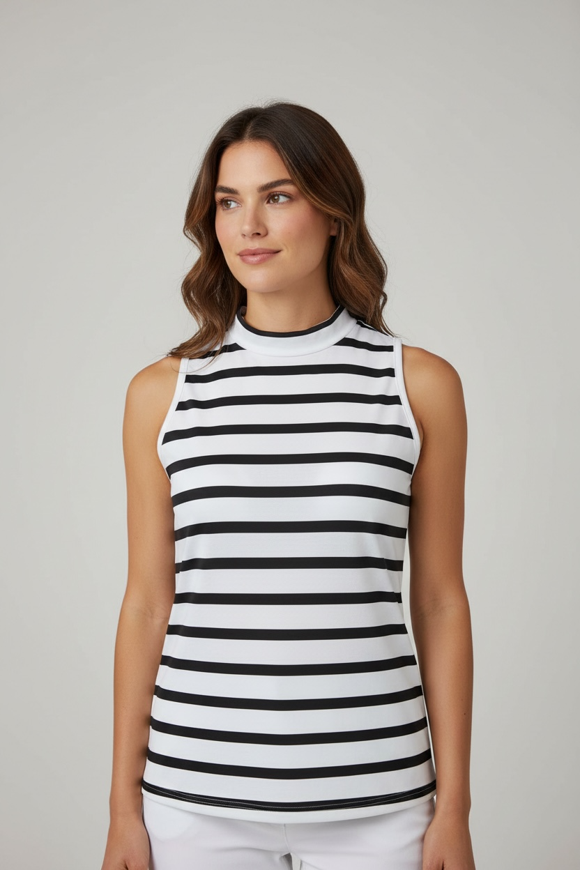 G/Fore Women's Cotton Sleeveless Stripe Mock - SNOW / ONYX