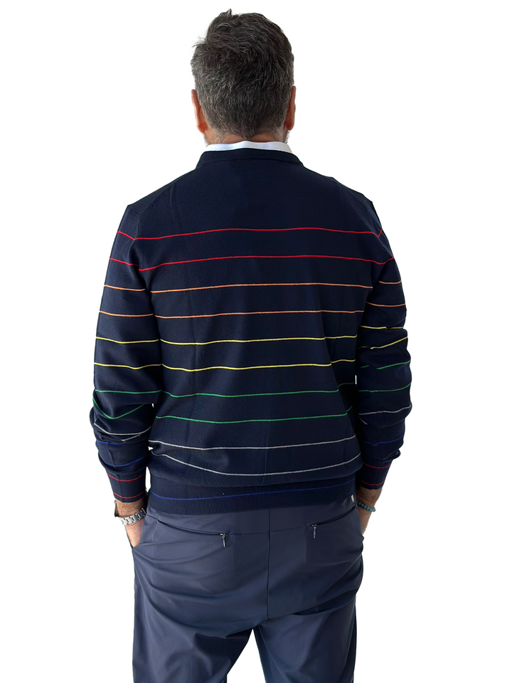 Donald Ross Mens Calvin Merino Wool Stripe Crewneck Sport Fit Sweater - NAVY
