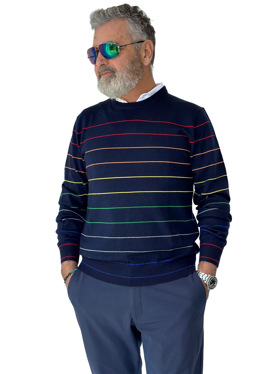 Donald Ross Mens Calvin Merino Wool Stripe Crewneck Sport Fit Sweater - NAVY