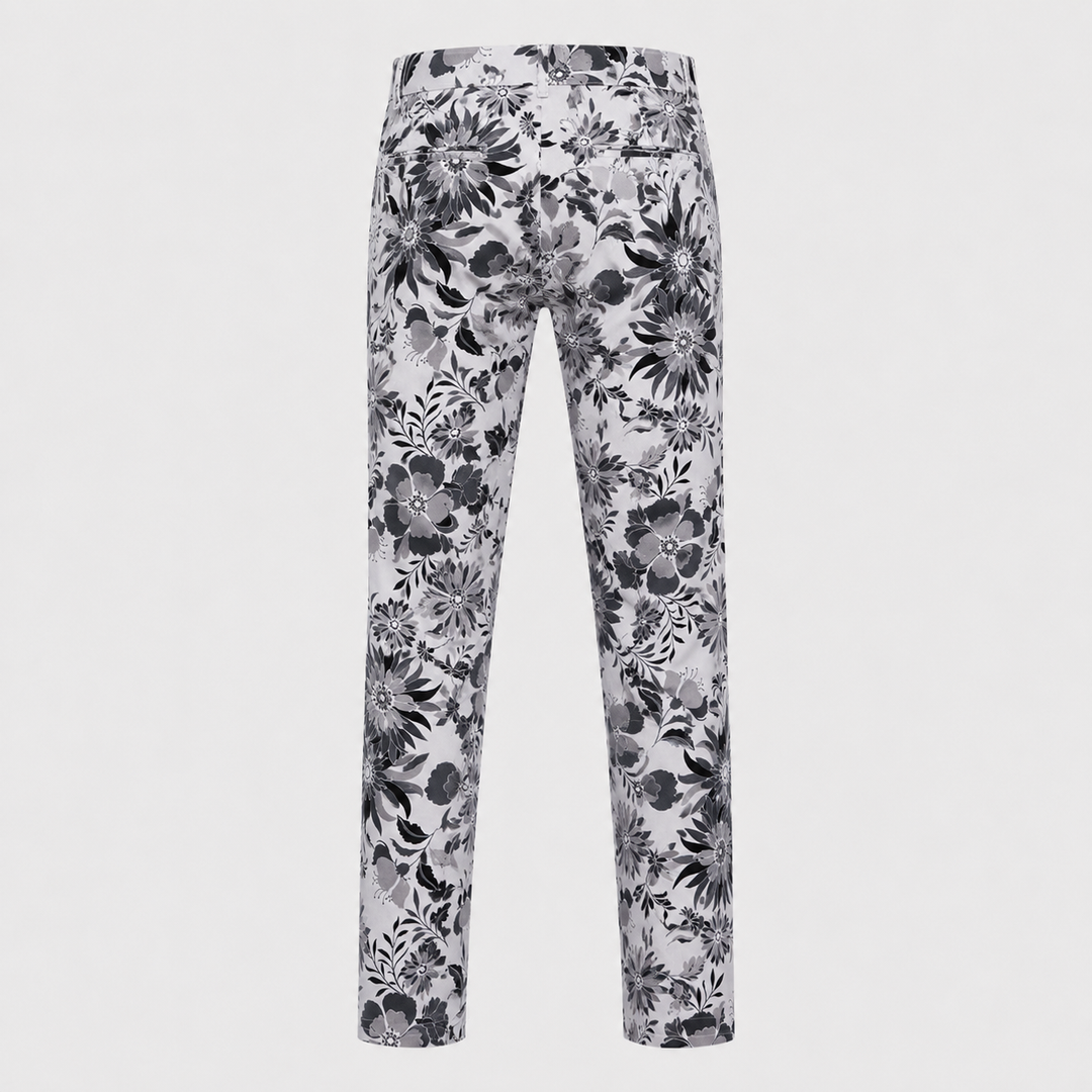 Sport Monaco Men's Slim Fit Floral Print Cotton Pants - ONYX / CHARCOAL / WHITE