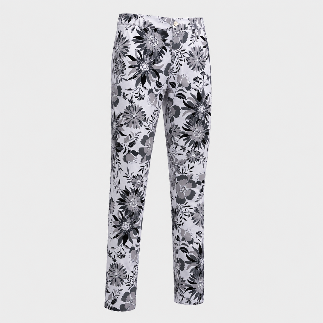 Sport Monaco Men's Slim Fit Floral Print Cotton Pants - ONYX / CHARCOAL / WHITE
