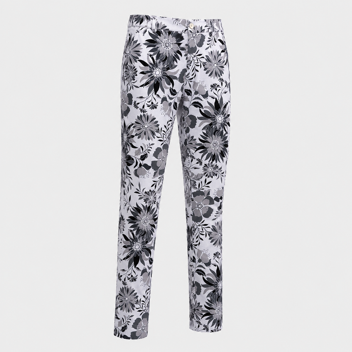 Sport Monaco Men's Slim Fit Floral Print Cotton Pants - ONYX / CHARCOAL / WHITE