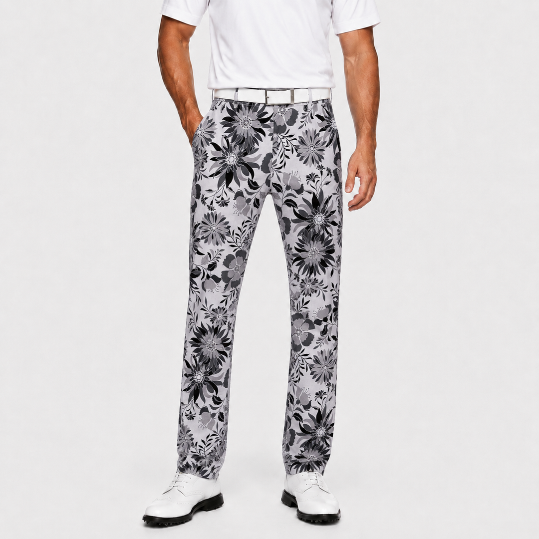 Sport Monaco Men's Slim Fit Floral Print Cotton Pants - ONYX / CHARCOAL / WHITE