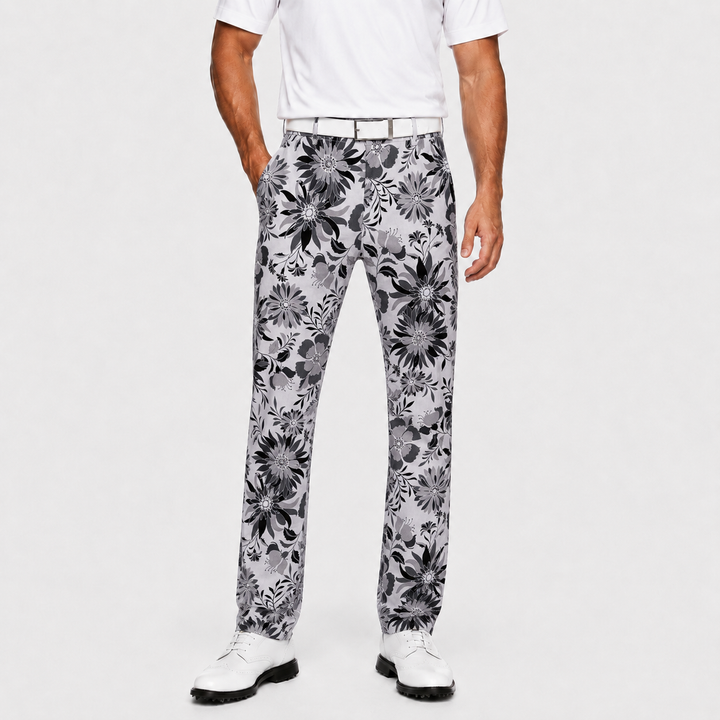 Sport Monaco Men's Slim Fit Floral Print Cotton Pants - ONYX / CHARCOAL / WHITE