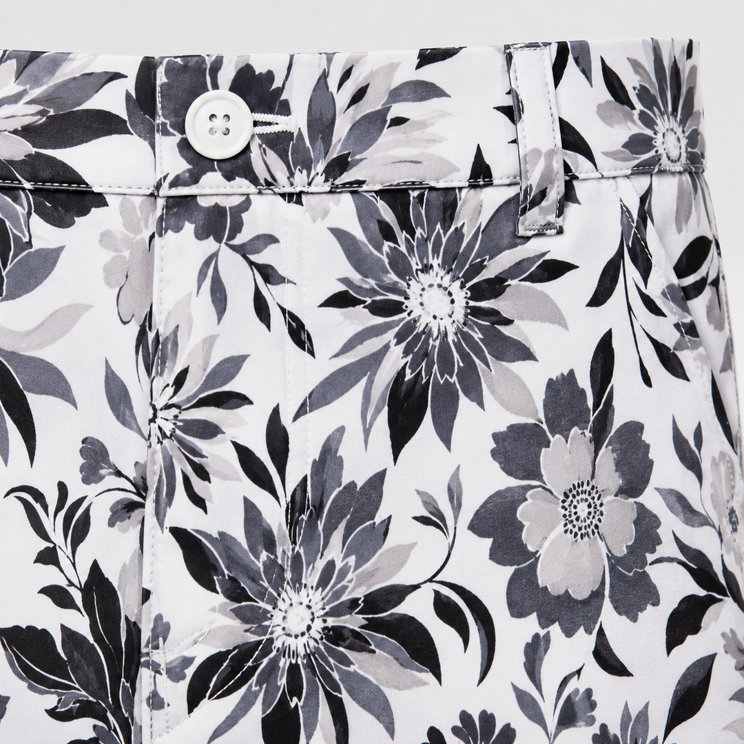 Sport Monaco Men's Slim Fit Floral Print Cotton Shorts - ONYX / CHARCOAL / WHITE