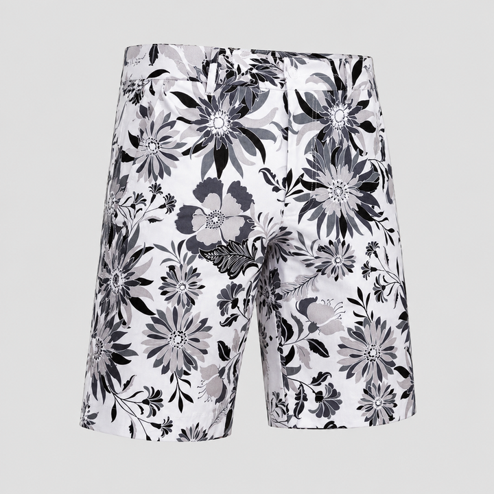 Sport Monaco Men's Slim Fit Floral Print Cotton Shorts - ONYX / CHARCOAL / WHITE