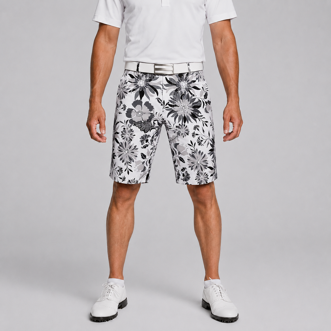 Sport Monaco Men's Slim Fit Floral Print Cotton Shorts - ONYX / CHARCOAL / WHITE