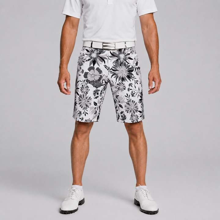 Sport Monaco Men's Slim Fit Floral Print Cotton Shorts - ONYX / CHARCOAL / WHITE