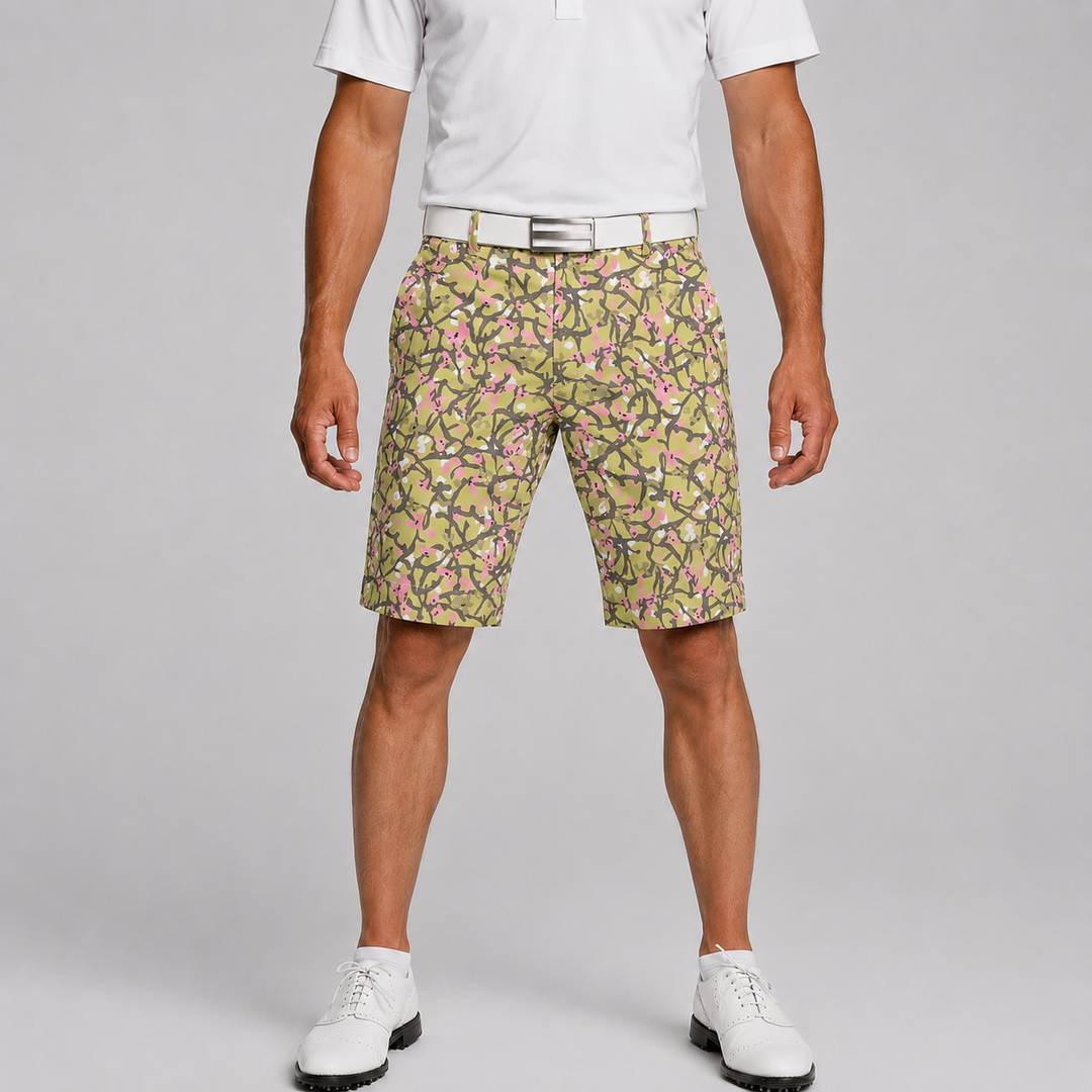 Sport Monaco Men's Slim Fit Floral Print Cotton Shorts - GREEN / GREY / PINK