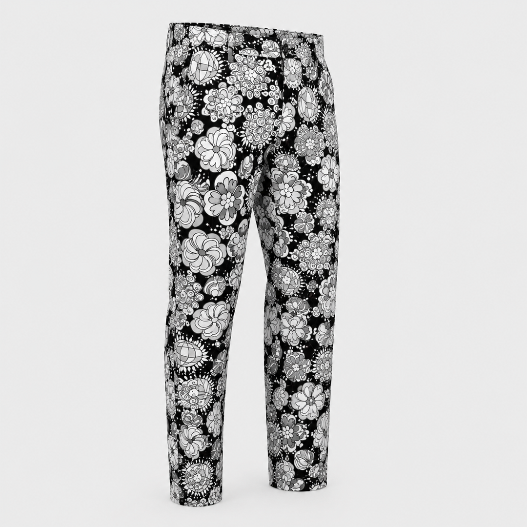 Sport Monaco Men's Slim Fit Multi Floral Print Cotton Pants - BLACK / CHARCOAL / WHITE