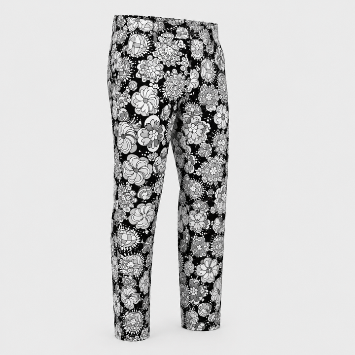 Sport Monaco Men's Slim Fit Multi Floral Print Cotton Pants - BLACK / CHARCOAL / WHITE