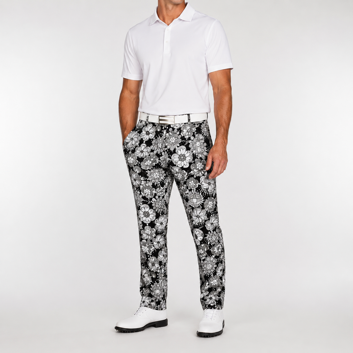 Sport Monaco Men's Slim Fit Multi Floral Print Cotton Pants - BLACK / CHARCOAL / WHITE