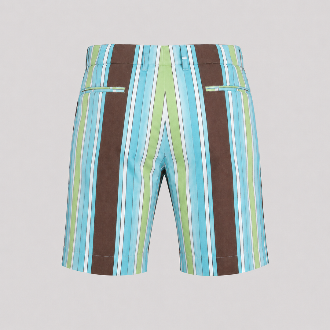 Sport Monaco Men's Slim Fit Stripe Print Cotton Shorts - BLUE / GREEN / BROWN