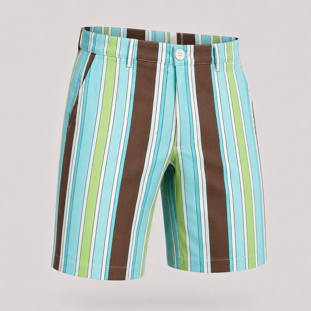 Sport Monaco Men's Slim Fit Stripe Print Cotton Shorts - BLUE / GREEN / BROWN