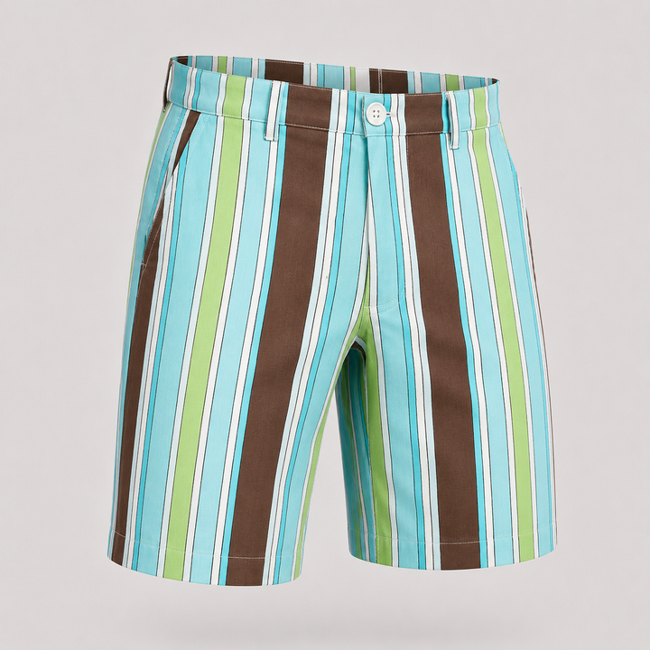 Sport Monaco Men's Slim Fit Stripe Print Cotton Shorts - BLUE / GREEN / BROWN