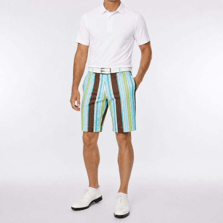 Sport Monaco Men's Slim Fit Stripe Print Cotton Shorts - BLUE / GREEN / BROWN