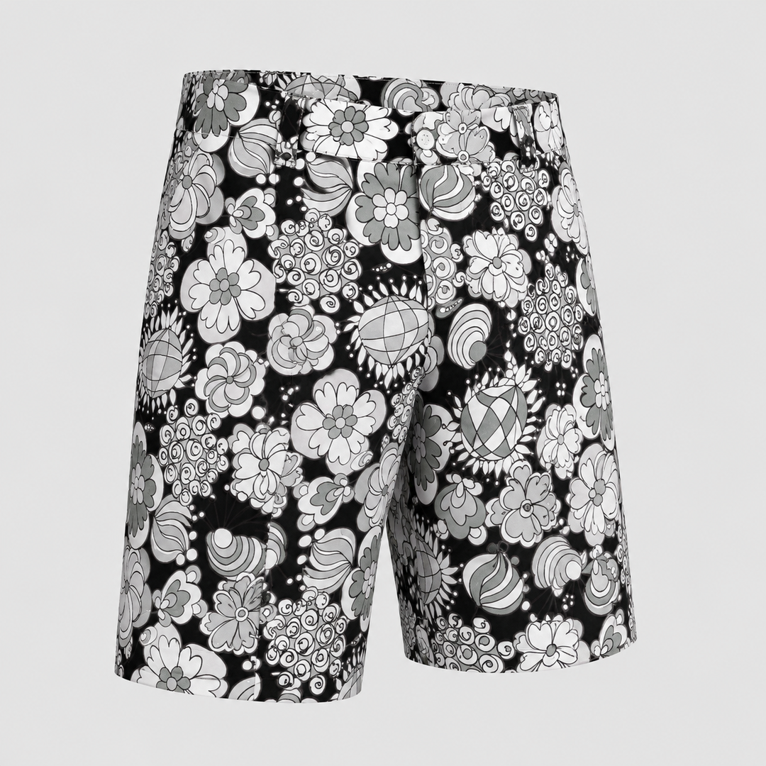Sport Monaco Men's Slim Fit Multi Floral Print Cotton Shorts - BLACK / CHARCOAL / WHITE