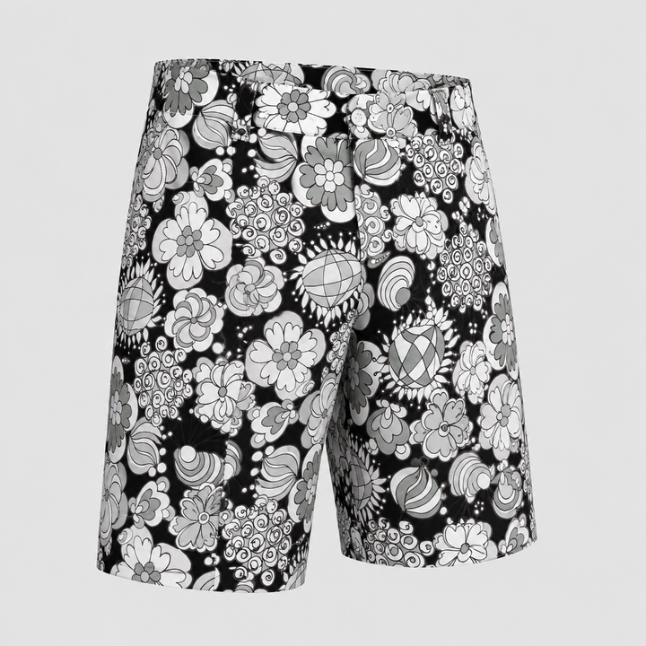 Sport Monaco Men's Slim Fit Multi Floral Print Cotton Shorts - BLACK / CHARCOAL / WHITE