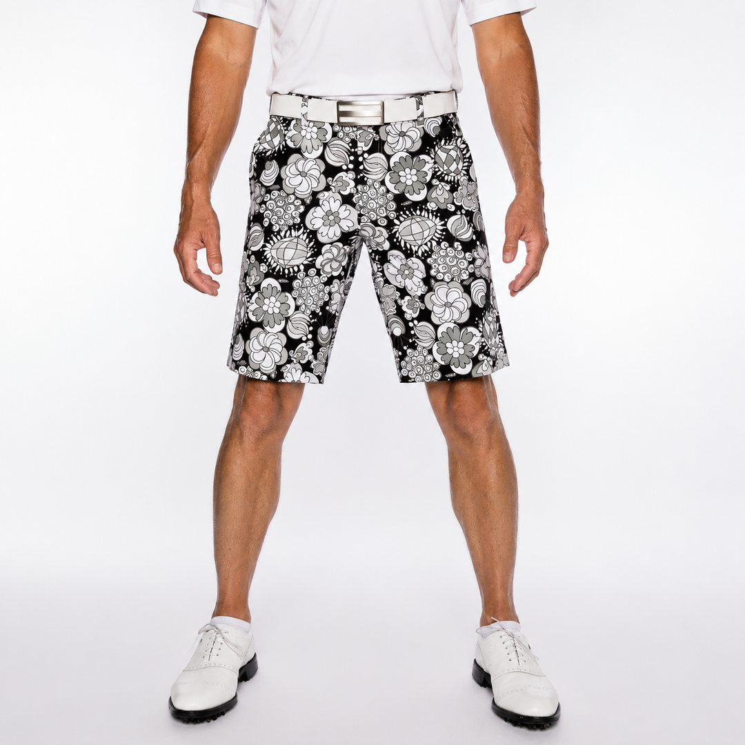 Sport Monaco Men's Slim Fit Multi Floral Print Cotton Shorts - BLACK / CHARCOAL / WHITE