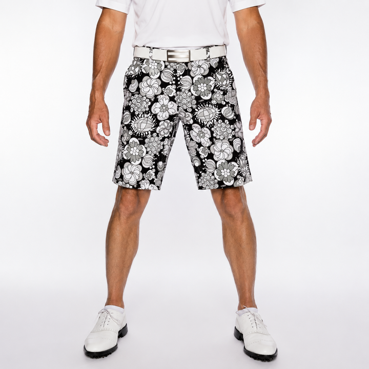 Sport Monaco Men's Slim Fit Multi Floral Print Cotton Shorts - BLACK / CHARCOAL / WHITE