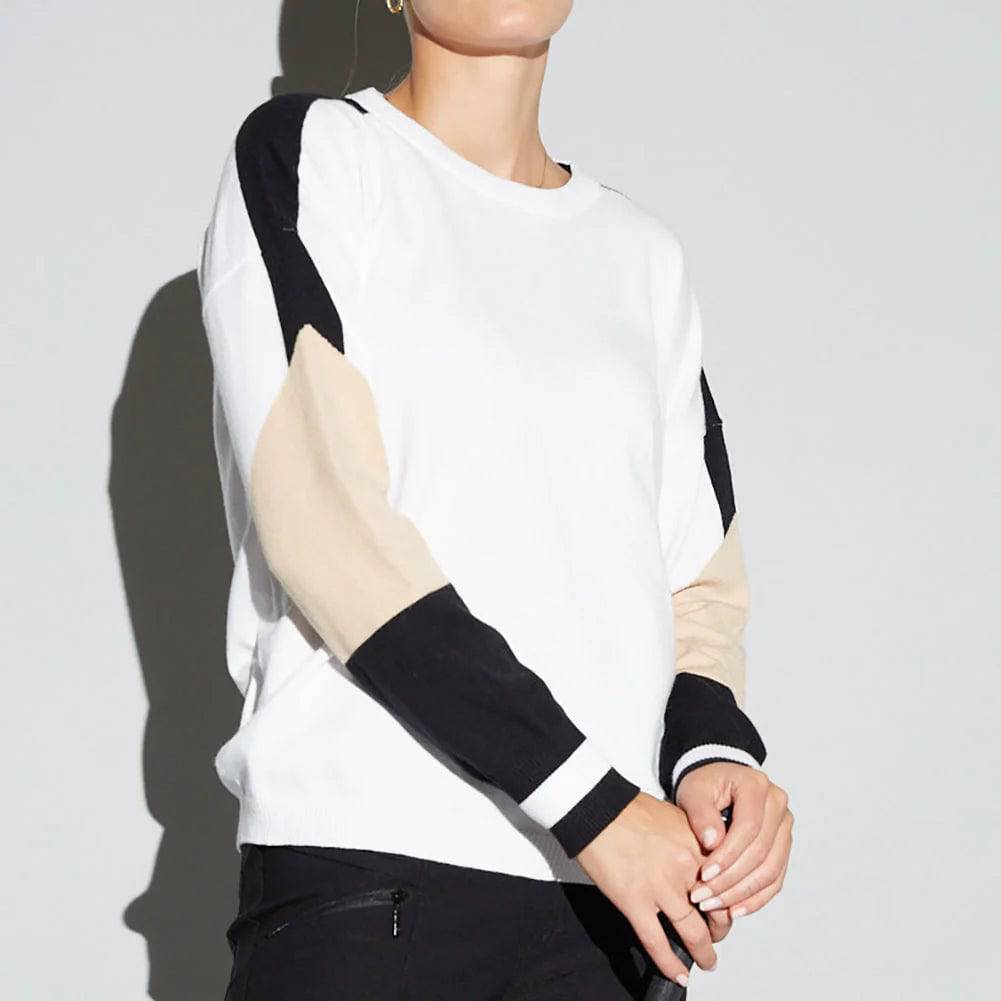 GGblue Womens Scarlet Long Sleeve Crew Neck Sweater - WHITE / BLACK / TAN