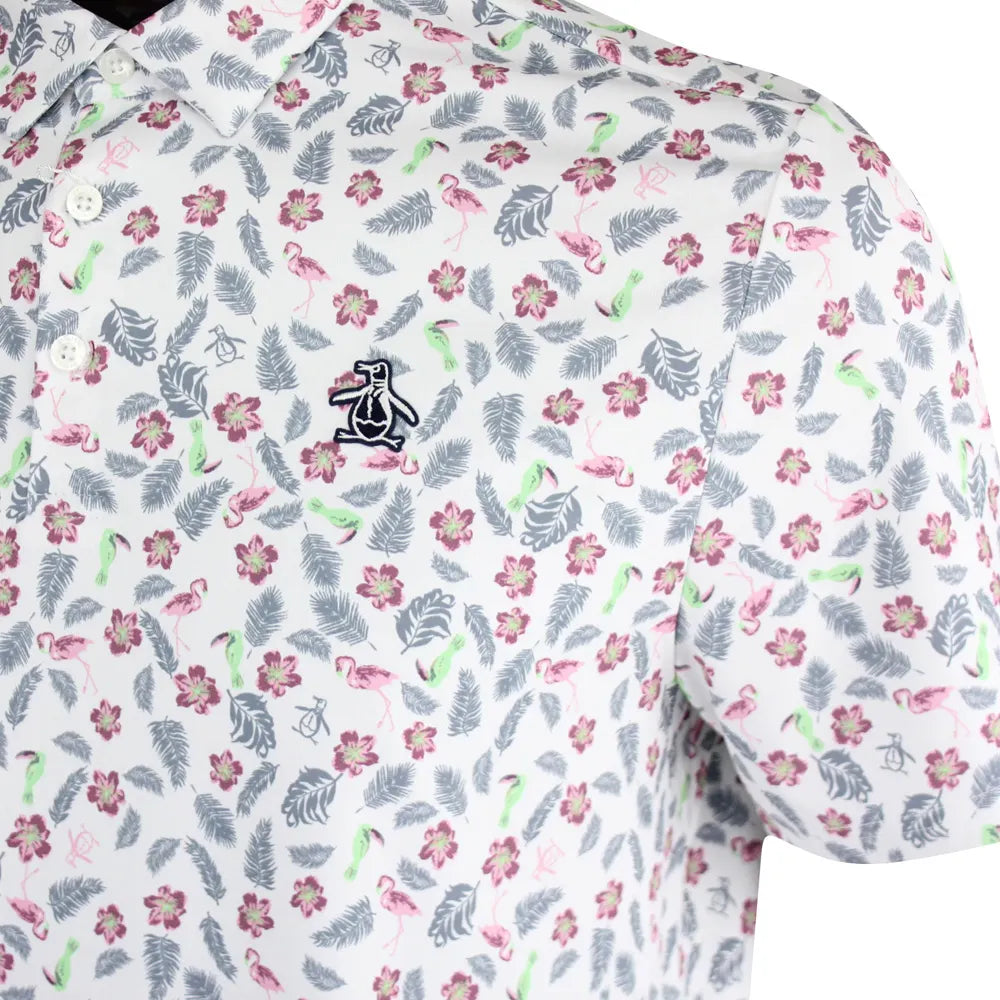 Original Penguin Mens Whimsical Tropical Print Golf Polo Shirt - BRIGHT WHITE - Golf Anything Canada