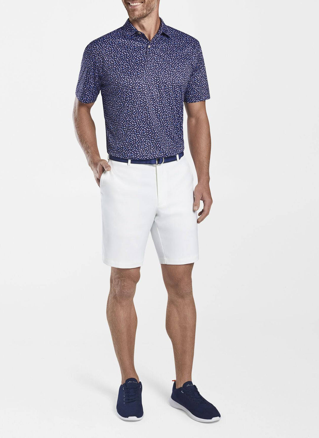 Peter Millar Mens Classic Fit Featherweight Printed Fish Performance Polo - NAVY
