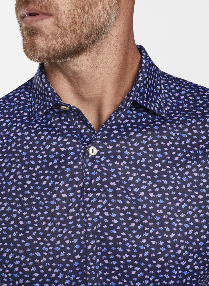 Peter Millar Mens Classic Fit Featherweight Printed Fish Performance Polo - NAVY