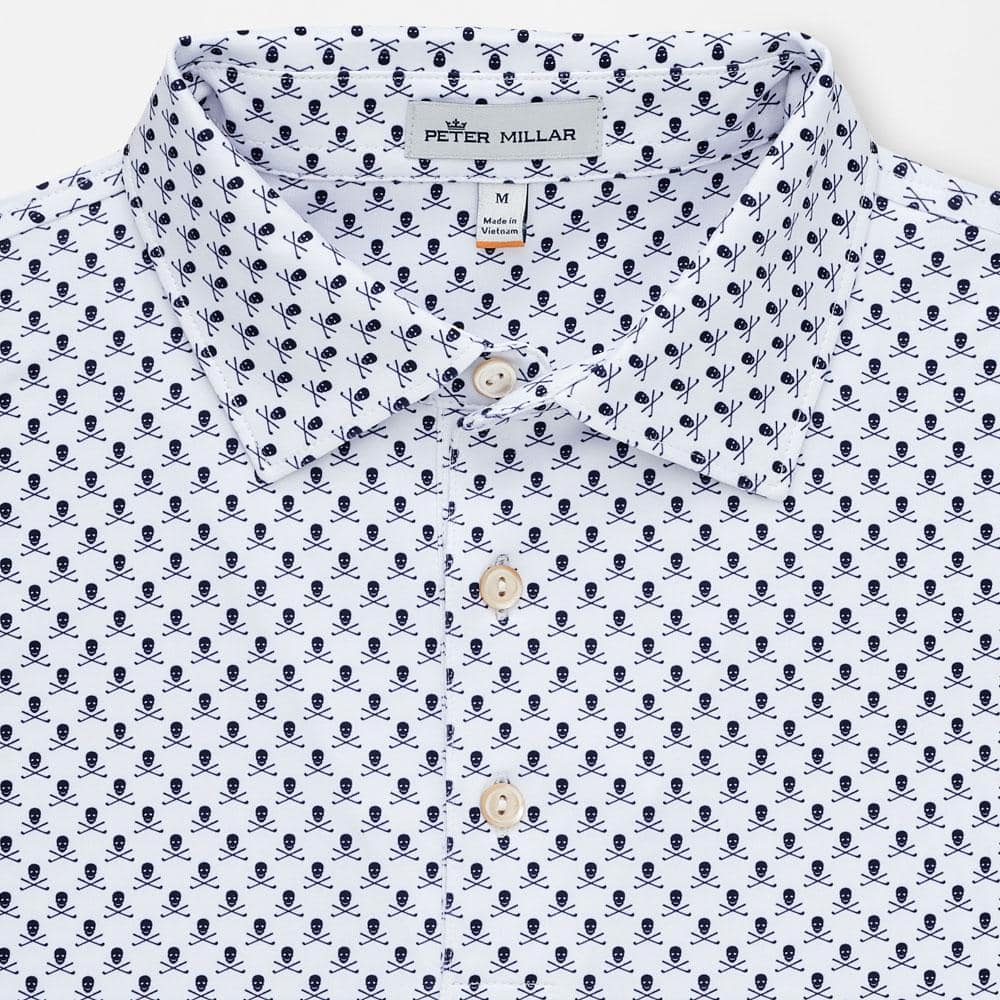 Peter Millar Mens Classic Fit Printed Skulls and Clubs Stretch Jersey Polo - WHITE