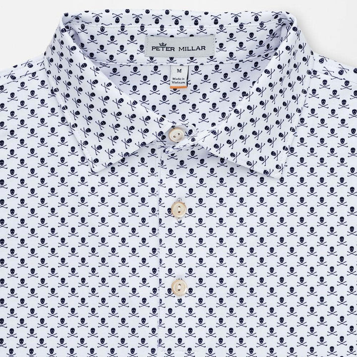 Peter Millar Mens Classic Fit Printed Skulls and Clubs Stretch Jersey Polo - WHITE