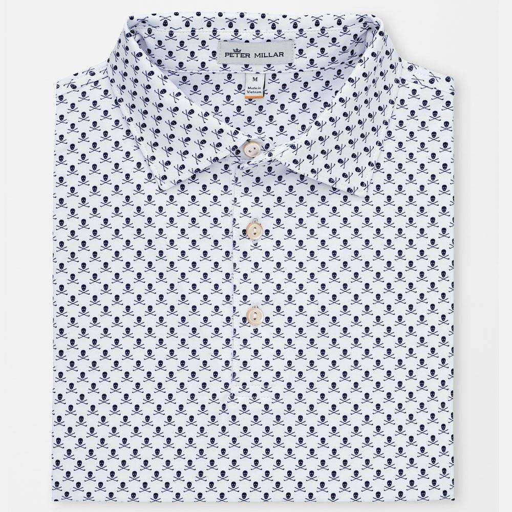 Peter Millar Mens Classic Fit Printed Skulls and Clubs Stretch Jersey Polo - WHITE