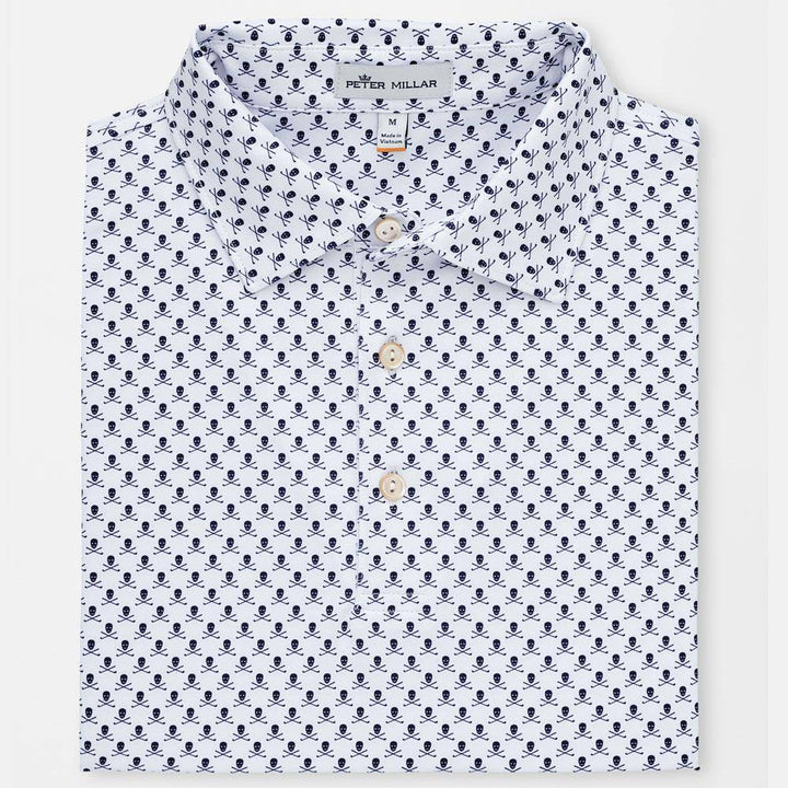 Peter Millar Mens Classic Fit Printed Skulls and Clubs Stretch Jersey Polo - WHITE