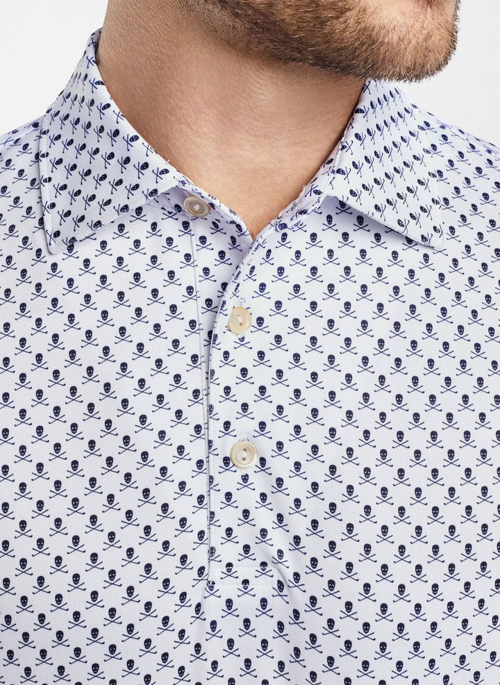 Peter Millar Mens Classic Fit Printed Skulls and Clubs Stretch Jersey Polo - WHITE