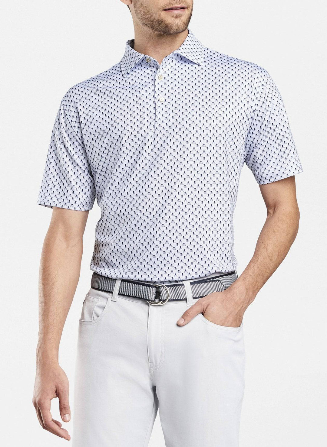 Peter Millar Mens Classic Fit Printed Skulls and Clubs Stretch Jersey Polo - WHITE