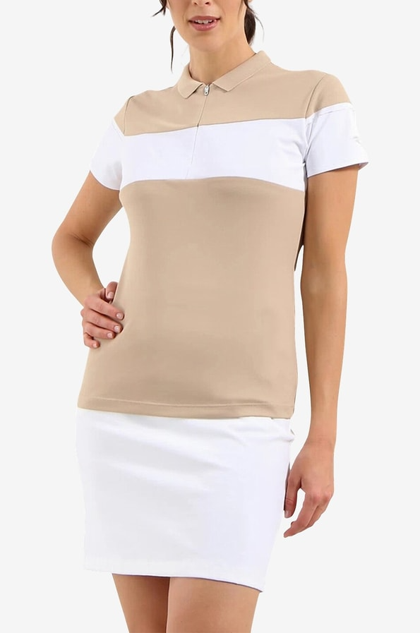 Chervo Women's ADUNATA Quarter-Zip Short Sleeve Pique Polo - SAND / WHITE
