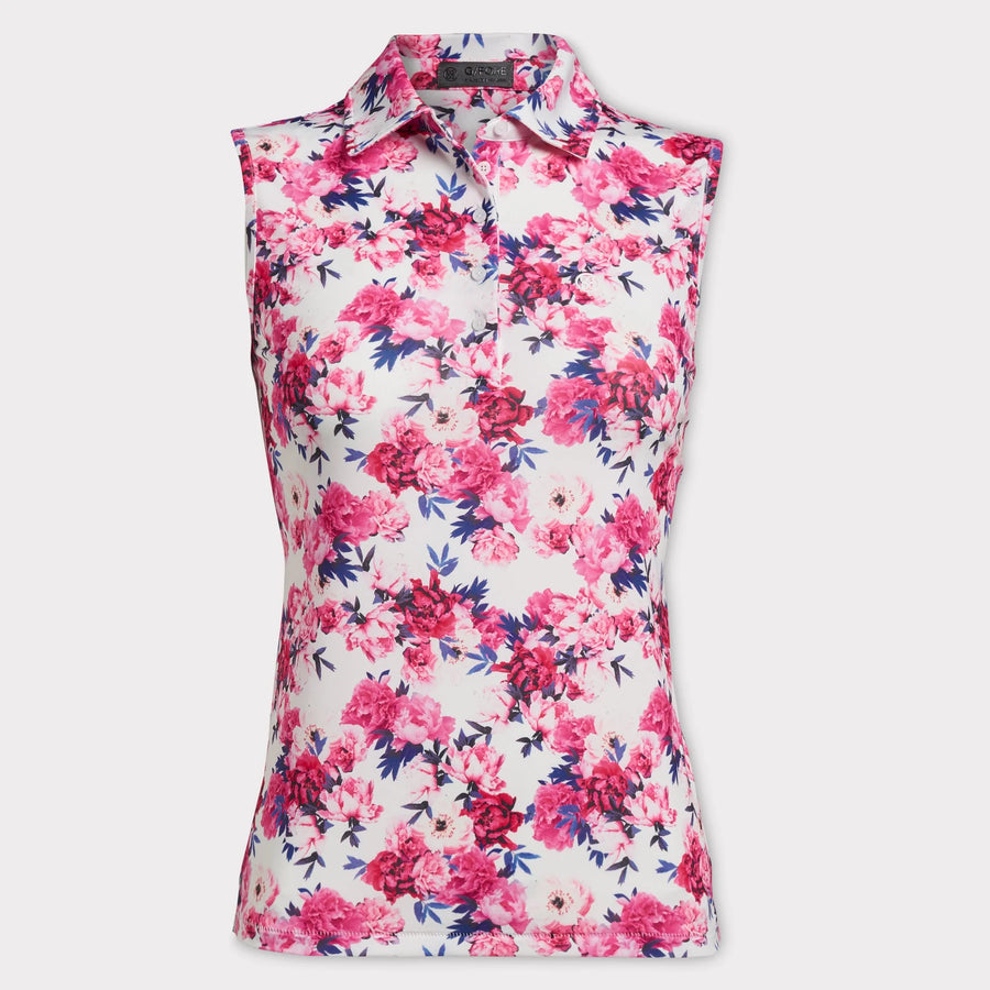 G/Fore Womens Photo Floral Stretch Tech Jersey Sleeveless Polo - SNOW - Golf Anything Canada