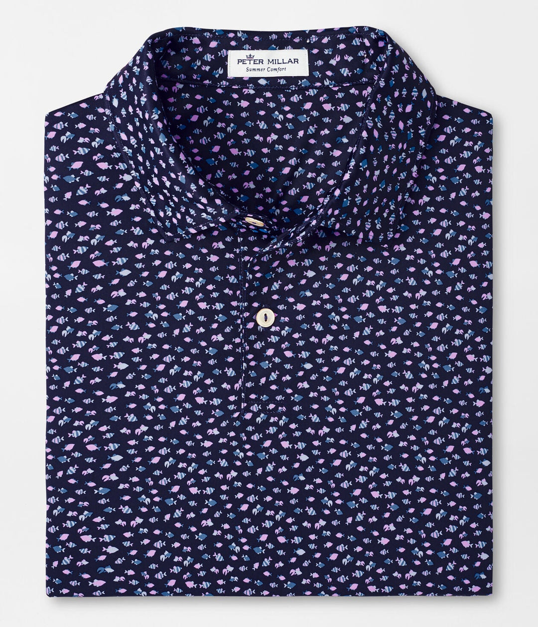 Peter Millar Mens Featherweight Printed Fish Performance Polo - NAVY - Golf Anything Canada