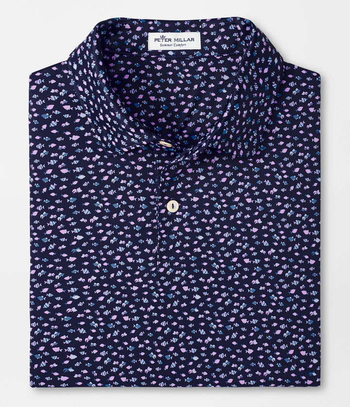 Peter Millar Mens Featherweight Printed Fish Performance Polo - NAVY - Golf Anything Canada