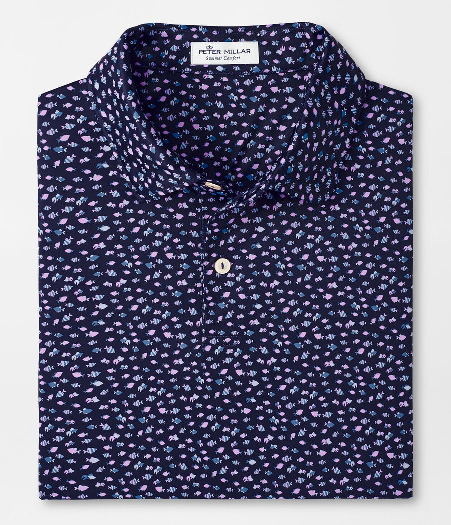 Peter Millar Mens Featherweight Printed Fish Performance Polo - NAVY - Golf Anything Canada