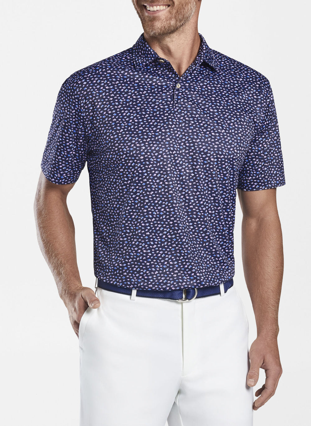 Peter Millar Mens Featherweight Printed Fish Performance Polo - NAVY - Golf Anything Canada