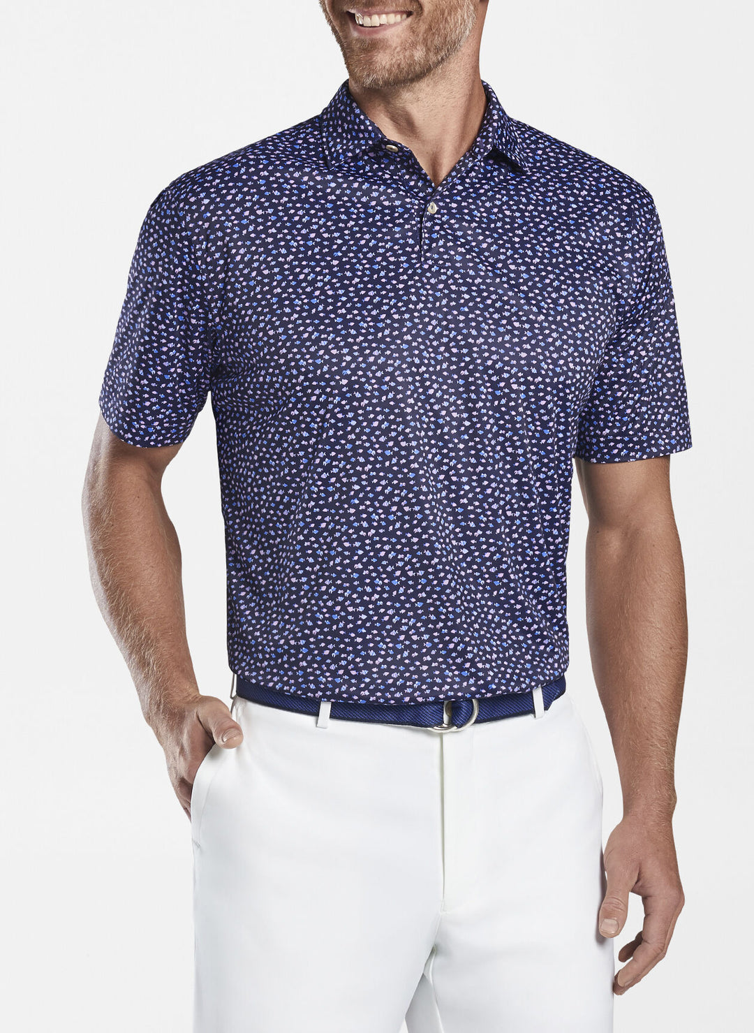 Peter Millar Mens Featherweight Printed Fish Performance Polo - NAVY - Golf Anything Canada